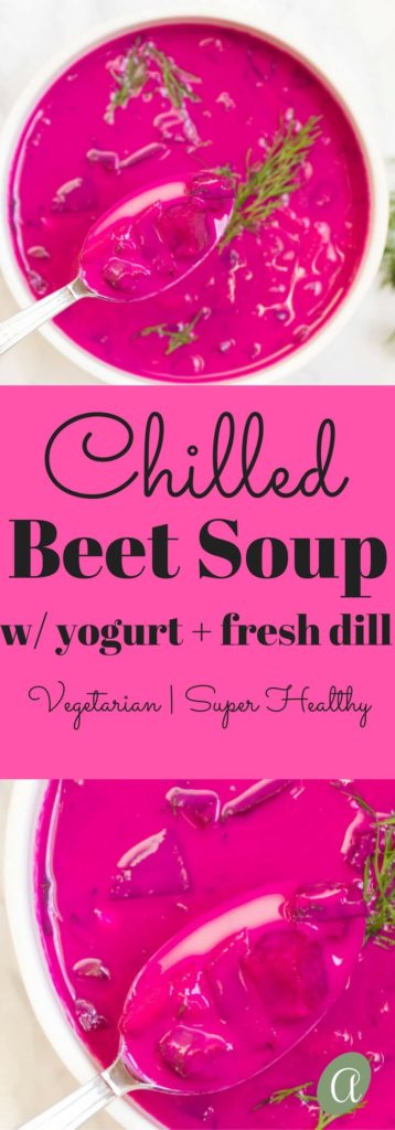 Light and refreshing this creamy chilled beet soup is a real summertime treat! Vegetarian, Healthy, Seasonal |Abraskitchen.com