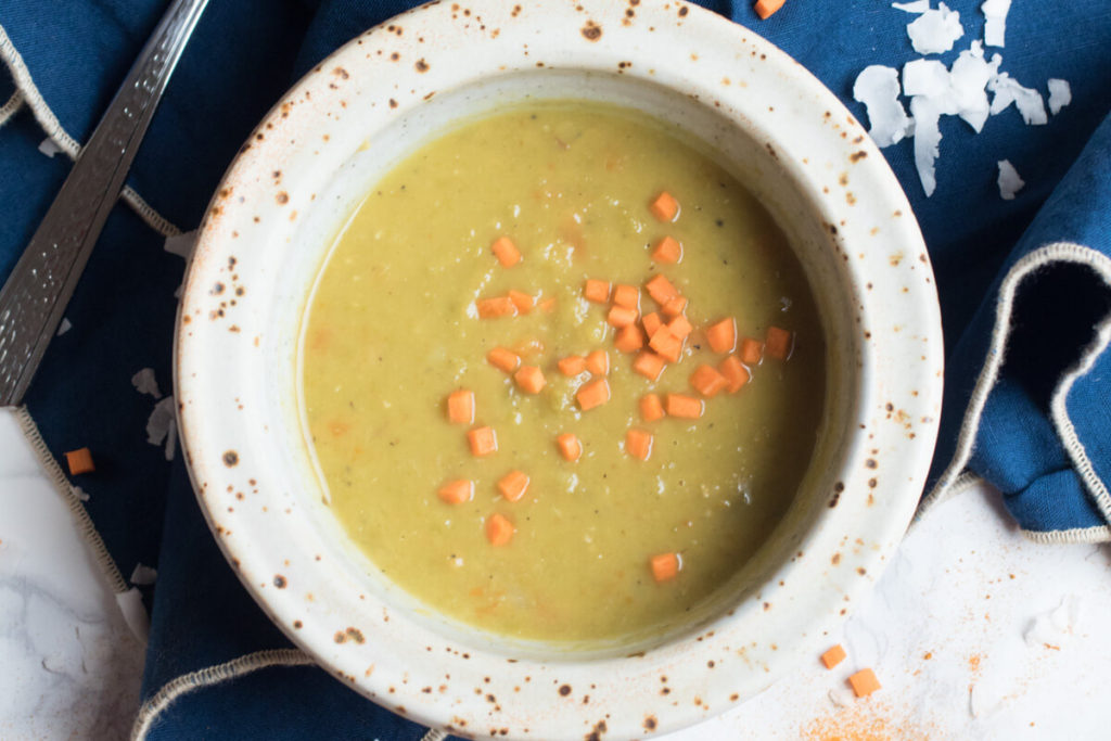 Vegan Coconut Split Pea Soup, loaded with warm spices and creamy coconut milk. This isn't your Grandmas' split pea soup!