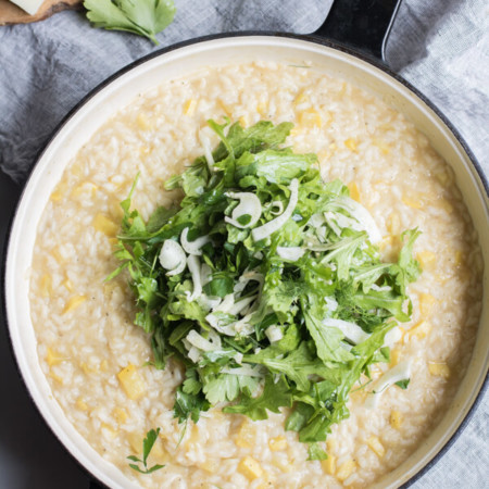 Creamy lemon squash risotto with a salad on top. A few simple healthy ingredients, ready in 35 minutes! Vegetarian and Gluten-Free | abraskitchen.com