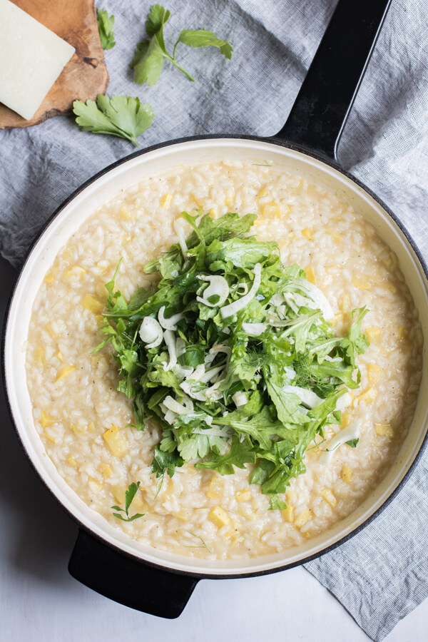 Creamy lemon squash risotto with a salad on top. A few simple healthy ingredients, ready in 35 minutes! Vegetarian and Gluten-Free | abraskitchen.com