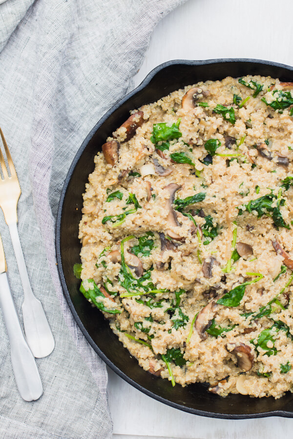 Coconut milk, mushrooms, kale, and quinoa sauteed together to create a one-pot wonder of creamy goodness.  This is a favorite quick and healthy weeknight dinner that the whole family will love. 