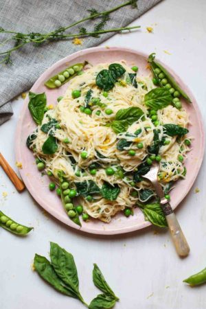 Creamy Vegan Lemon Pasta with Fresh Peas and Spinach - Abra's Kitchen