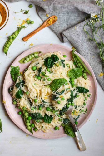 Creamy Vegan Lemon Pasta with Fresh Peas and Spinach - Abra's Kitchen