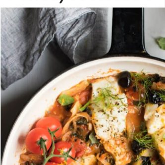 Easy One Pan Mediterranean Cod. A super healthy dinner, cooked all in one pan and ready in 30 minutes! Paleo, Gluten Free, Pescatarian, and Whole 30
