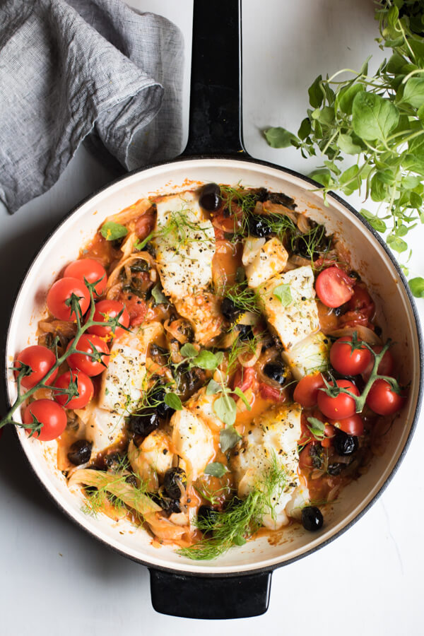 Easy One Pan Mediterranean Cod With Fennel Kale And Black Olives Abra S Kitchen