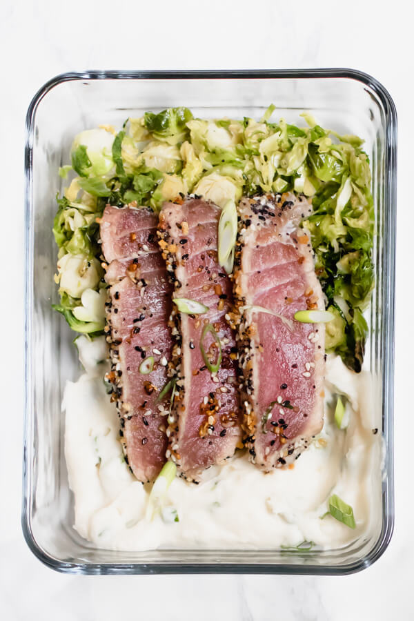Everything Crusted Tuna Meal Prep Bowls with roasted Brussels sprouts and cauliflower puree. Paleo, Gluten Free, Easy lunch idea.