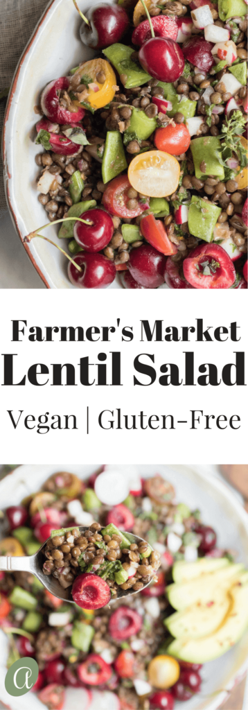 Farmer's market lentil salad with fresh cherries, sugar snap peas, and fresh oregano. A beautiful bounty of healthy local seasonal veggies and protein rich lentils. An easy to make vegan and gluten free summer salad.