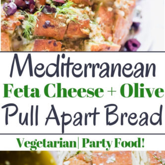 Feta Cheese and Olive Pull Apart bread, ooey gooey cheesy bread with briny salty olives, fresh herbs, and garlic, and it is in all ways amazing! The perfect appetizer to serve to a large crowd.