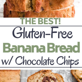 A super moist, decadently delicious gluten-free chocolate chip banana bread. The only banana bread recipe you will ever need! Made with almond flour and a dairy-free option included. 