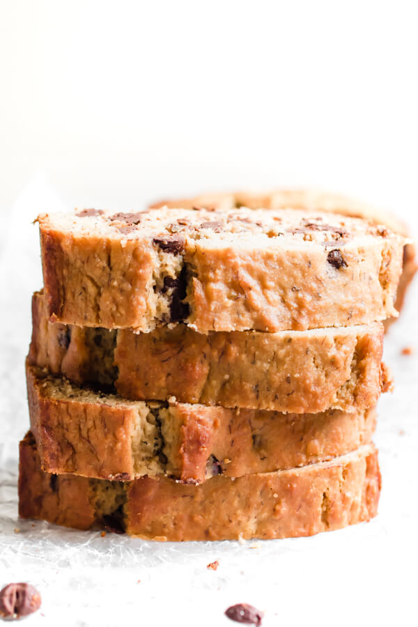 A super moist, decadently delicious gluten-free chocolate chip banana bread. The only banana bread recipe you will ever need! Made with almond flour and a dairy-free option included.Â 