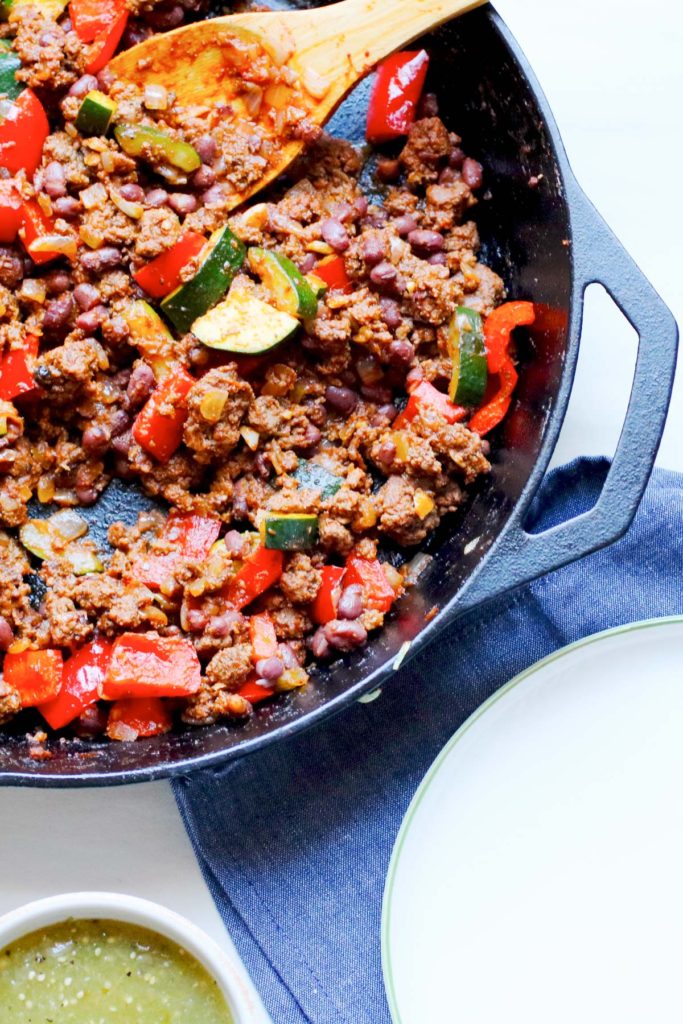 Quick cooking, healthy, easy clean up, entire family happy making, grass fed beef and zucchini skillet supper recipe.