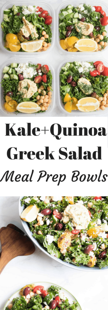 Greek kale and quinoa salad meal prep bowls are addictively delicious! Tender kale, salty feta cheese, crunchy cucumbers everything you need in a salad all packed up and ready to take to work!