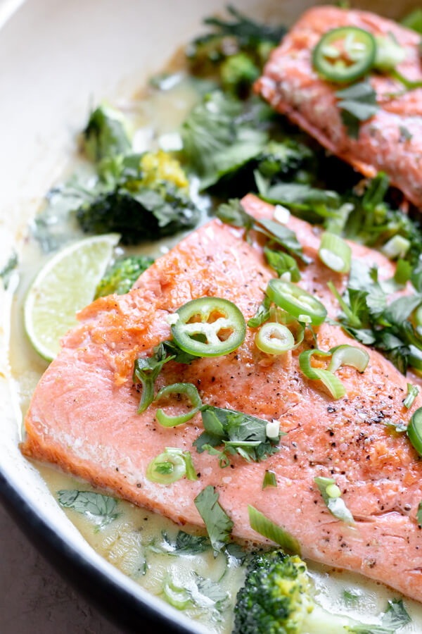close up shot of green curry salmon