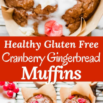 Get ready to spread some holiday cheer with these healthy cranberry gingerbread muffins! A moist delicious muffin loaded with fresh cranberries and crystallized ginger. No added oil or refined sugar. Just simple wholesome ingredients like oat flour, molasses, butternut squash, and maple syrup. Your friends and family will LOVE this recipe!