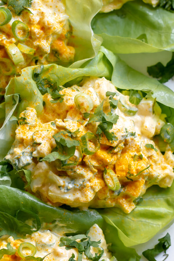close up of Healthy Greek Yogurt Egg Salad with Turmeric in lettuce cup