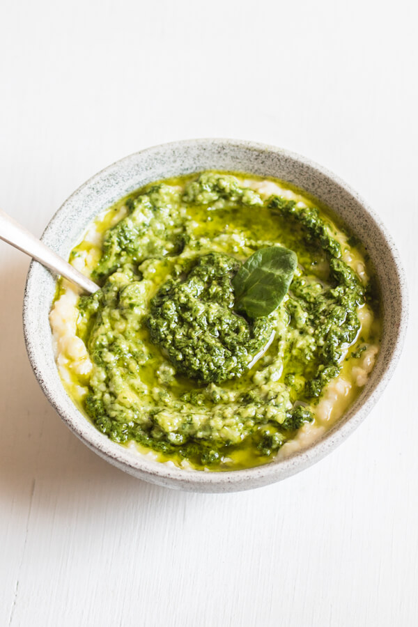 Perfect Every Time Basil Pesto Creamy Polenta - Bursting with flavor, comfort food at it's best!