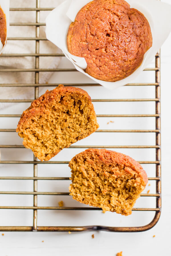 A super easy and healthy pumpkin muffin recipe loaded with good for you spices, like turmeric, clove, and ginger and sweetened with maple syrup. The perfect healthy fall treat!