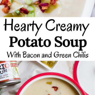 Hearty creamy potato soup with bacon and green chilis. The perfect bowl of soup to serve for a holiday open house. Comforting, and supremely delicious with a hint of earthy spice from the green chilis. This potato soup will quickly become a family favorite for holidays, parties, and just cozy Friday nights next to a fire.