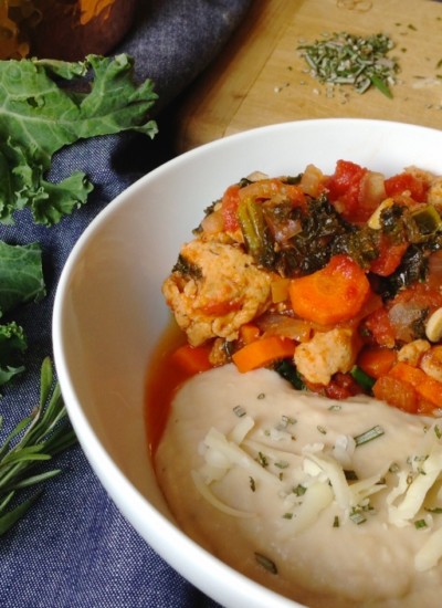 Kale Sausage Stew with Cheddar Rosemary White Bean Mash