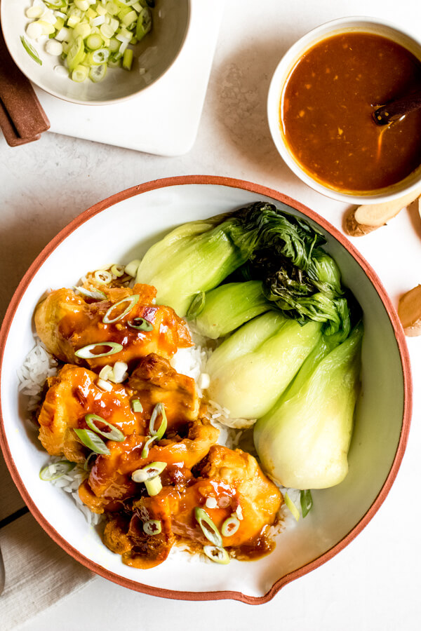Instant Pot Apricot Ginger Chicken Thighs with Baby Bok Choy