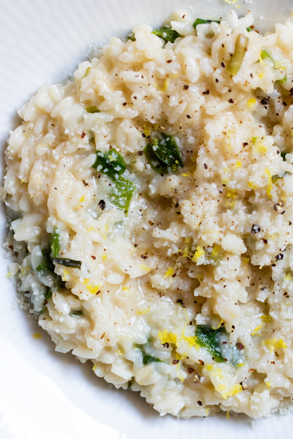 close up of Instant Pot Risotto with Wild Ramps and Parmesan