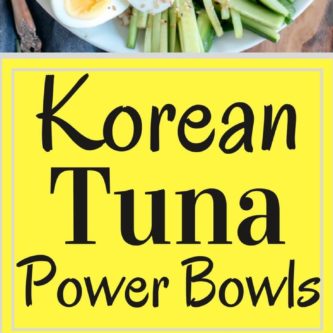 Super simple, healthy and delicious Korean Tuna Power Bowls. Brown rice, a rainbow of veggies, and Korean tuna salad, drizzled with a yummy sesame dressing. The perfect healthy lunch ready in 5 minutes!