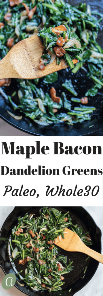 Crisp salty bacon, sweet onions, and earthy maple syrup combine with nutritious dandelion greens in this healthy and easy side dish. Paleo, Whole 30, Gluten-Free, Liver-Support. YUM YUM! |abraskitchen.com