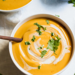Creamy, rich and comforting, this nourishing maple curry butternut squash soup will be your new favorite go-to fall and winter soup recipe! It requires only five simple wholesome ingredients, perfect for the holidays or just a simple weekday dinner. 