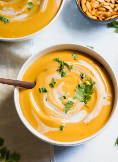 Creamy, rich and comforting, this nourishing maple curry butternut squash soup will be your new favorite go-to fall and winter soup recipe! It requires only five simple wholesome ingredients, perfect for the holidays or just a simple weekday dinner. 