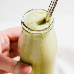 A creamy delicious no fruit smoothie. High in protein and good for you fats, low in carbohydrates and sugar. This no-fruit matcha avocado smoothie is my new breakfast BFF!