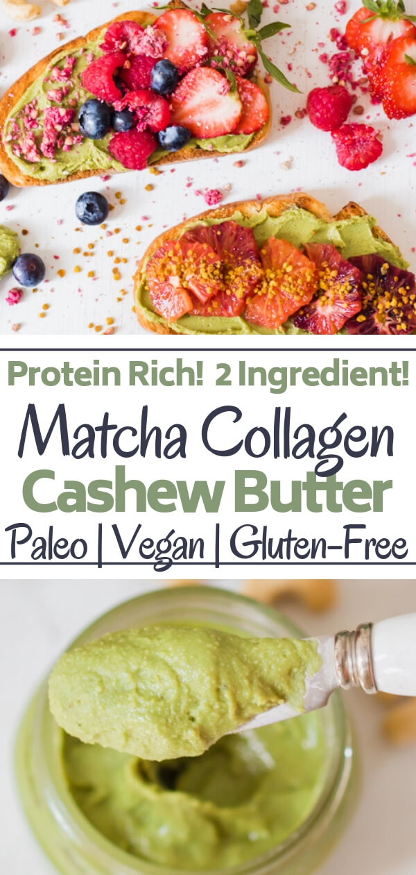 Creamy cashews blended with earthy antioxidant-rich matcha and the protein powerhouse collagen. A delicious healthy snack to spread on toast or fruit. 