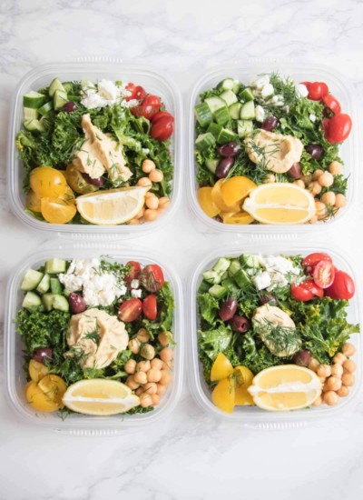 Greek kale and quinoa salad meal prep bowls are addictively delicious.