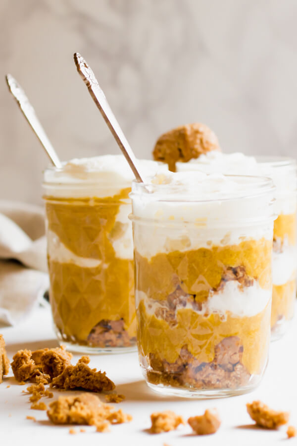 Creamy pumpkin mousse layered with spicy gingerbread cookies and whipped coconut cream. No-bake pumpkin pie in a jar. Refined sugar-free, vegan, gluten-free, and paleo and so delicious you will want to make a triple batch and then keep it all for yourself!
