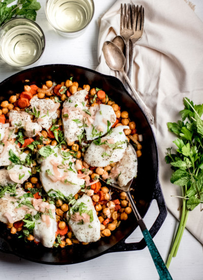 baked halibut with chickpeas and carrots