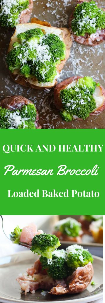 Parmesan Broccoli Loaded Baked Potato. A quick and healthy recipe using only 3 ingredients, broccoli, potato, and parmesan cheese. You can eat it as a side dish or the main event. I LOVE this recipe and have it at least once per week! | abraskitchen.com