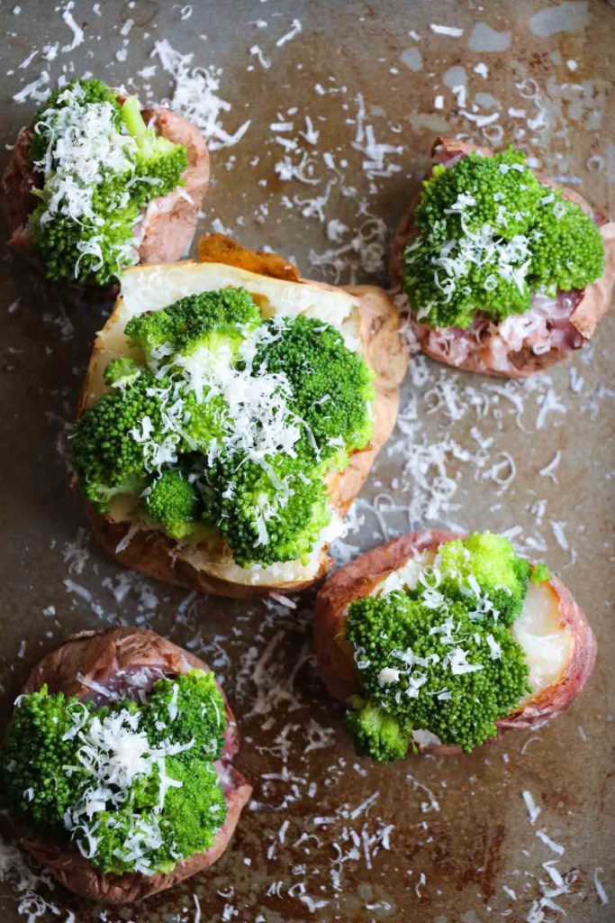 Parmesan Broccoli Loaded Baked Potato. A quick and healthy weeknight dinner recipe using only 3 ingredients, broccoli, potato, and parmesan cheese. You can eat it as a side dish or the main event. I LOVE this recipe and have it at least once per week! | abraskitchen.com
