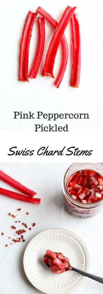 Quick and easy pickled swiss chard stems. With pink peppercorns and coriander seeds you will eat these by the spoonful! Refrigerator pickle, swiss chard, pickled stems. |abraskitchen.com