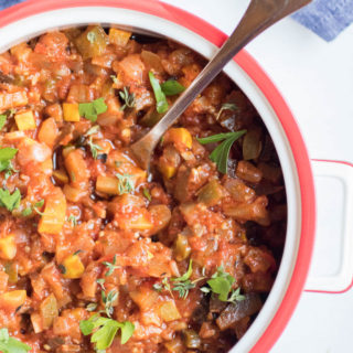 Quick and Easy Ratatouille. A summer staple with fresh veggies quickly simmered together with tomato. Vegan, Paleo, Gluten Free. |Abraskitchen.com
