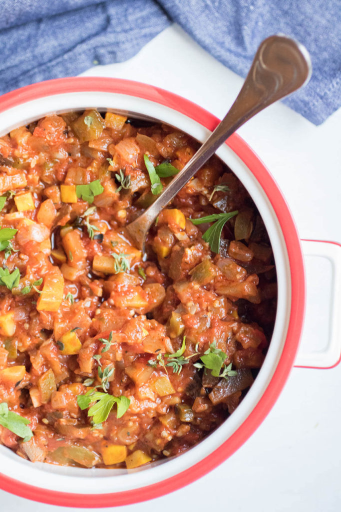 Quick and Easy Ratatouille. A summer staple with fresh veggies quickly simmered together with tomato. Vegan, Paleo, Gluten Free. |Abraskitchen.com
