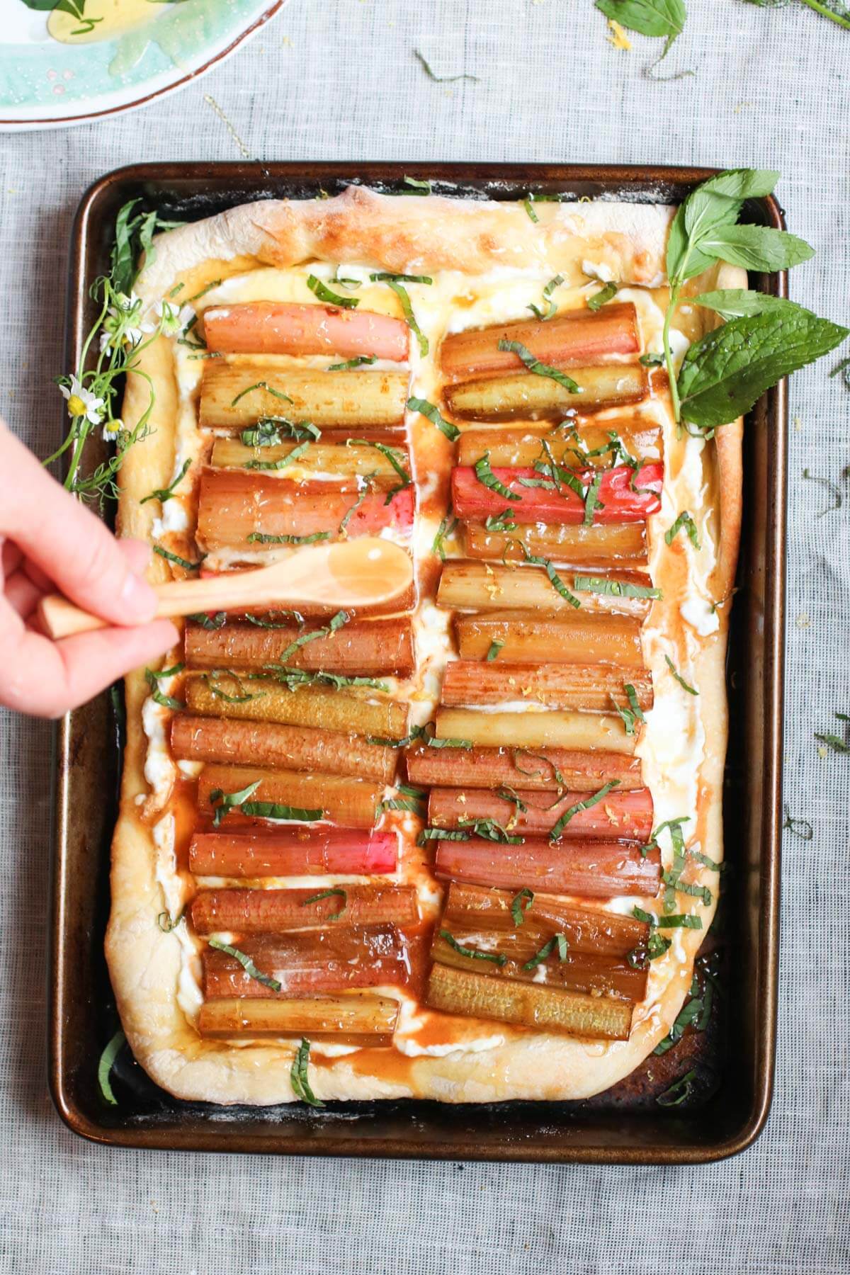 Ricotta flatbread with roasted rhubarb, honey, and mint. A few simple real food ingredients, quick and easy, and so yummy! | abraskitchen.com