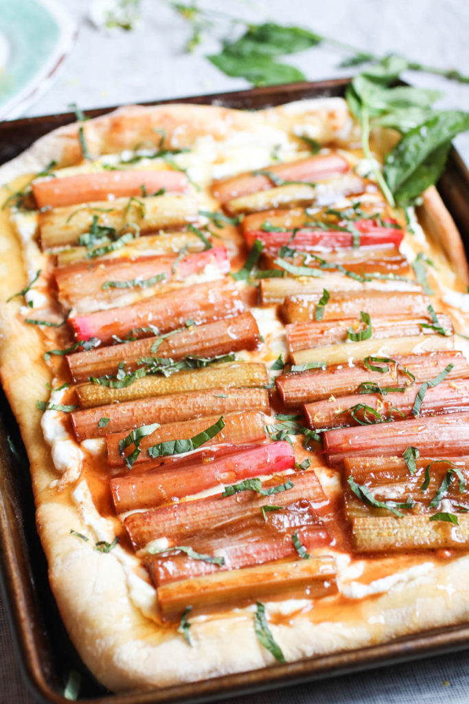 Ricotta flatbread with roasted rhubarb, honey, and mint. A few simple real food ingredients, quick and easy, and so yummy! | abraskitchen.com