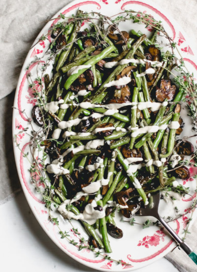 Roasted Green Beans and Mushrooms with Creamy Onion Sauce