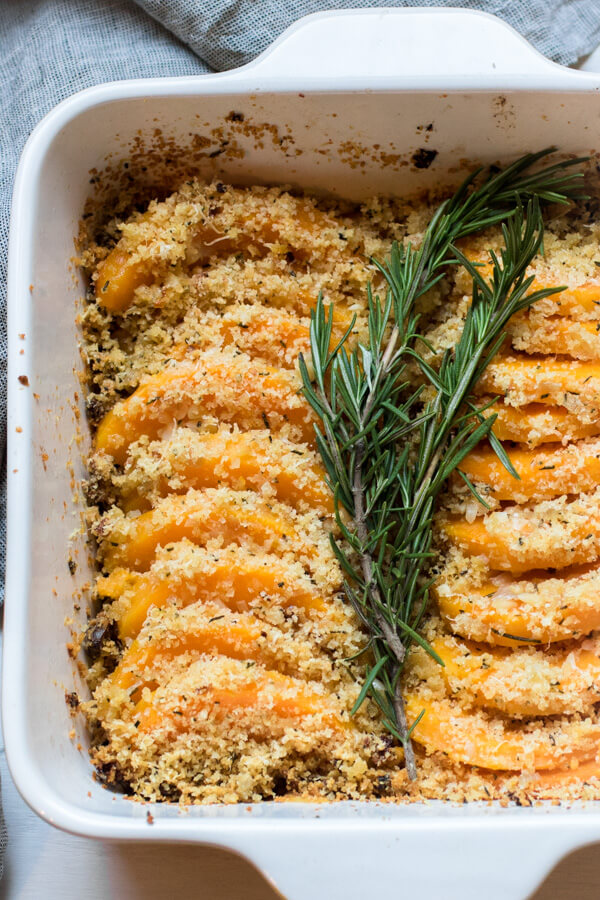 Roasted butternut squash coated with a shallot garlic butter and then topped with crunchy parmesan rosemary breadcrumbs