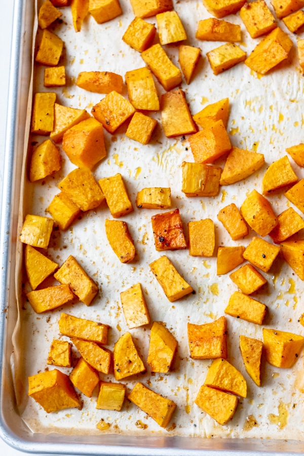 Sheet pan of Easy Roasted Butternut Squash
