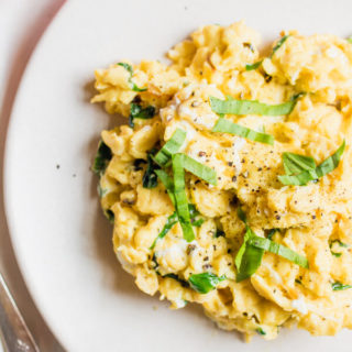 Buttery soft scrambled eggs with fresh spring wild ramps and tangy goat cheese. A simple, yet decadent, breakfast. Only four ingredients, 5 minutes from start to finish. 