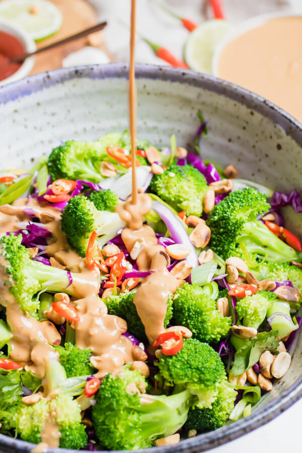 Spicy Thai Baby Broccoli Salad with Peanut Dressing