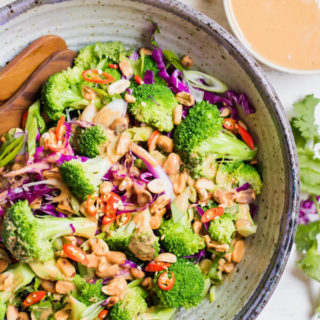 This super healthy and delicious Thai broccoli salad is loaded with colorful veggies and a mouthwatering spicy peanut butter dressing. This healthy broccoli salad is gluten-free, vegan and makes the perfect side dish or main dish any night of the week!