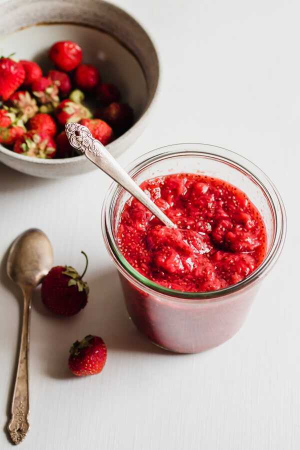 You aren't going to believe how easy it is to make this superfood strawberry chia seed jam. Three ingredients, 10 minutes, and you have a super healthy, sweet and luscious homemade jam that is thickened with chia seeds, instead of a boatload of sugar. This is the ultimate quick and easy real food recipe.