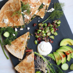 You will love this Swiss Chard and Feta Cheese Quesadilla topped with a cucumber olive salsa! A Mediterranean quesadilla that is addictivly good! |abraskitchen.com