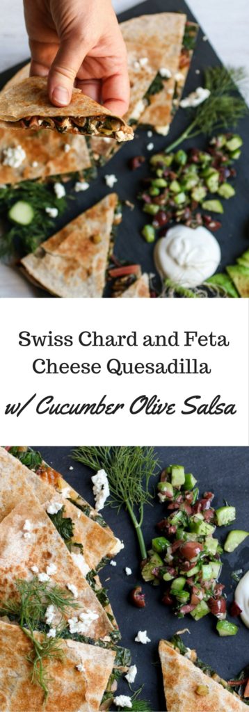 You will love this Swiss Chard and Feta Cheese Quesadilla topped with a cucumber olive salsa! A Mediterranean quesadilla that is addictivly good! |abraskitchen.com